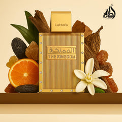 Lattafa The Kingdom label detail with brand name and fragrance notes for clarity