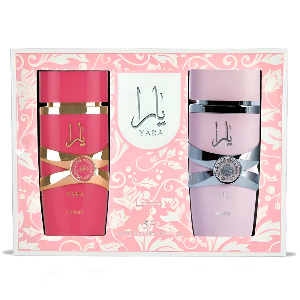 Lattafa anniversary box front showing both Yara fragrances and elegant presentation benefit gifting