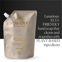 Glass soap bottle on sink with L'AVANT Collective Ambre Santal for elevated handwashing