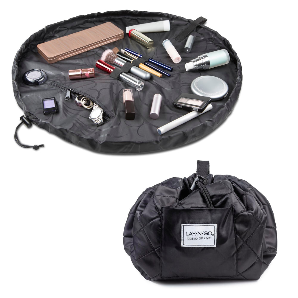 Lay-n-Go front view of Cosmo black organizer showing neat exterior and handle benefit