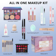 LAZORA open palette showing eyeshadows and lip shades for quick coordinated looks