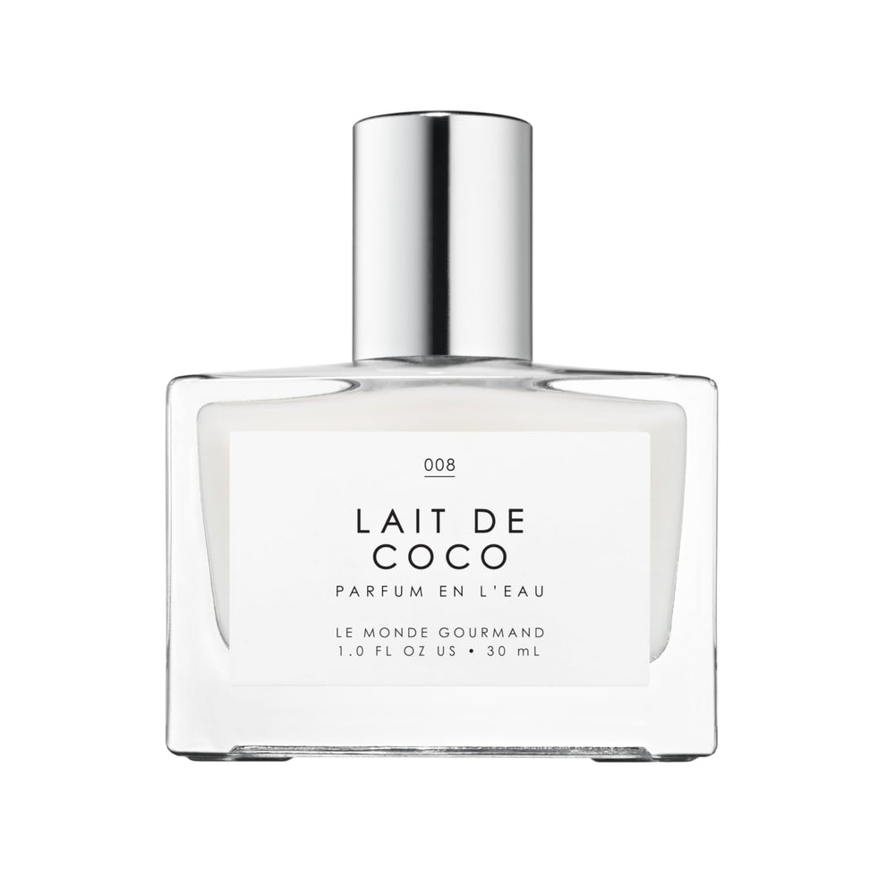 Le Monde Gourmand front bottle view showing elegant coconut perfume packaging and portability