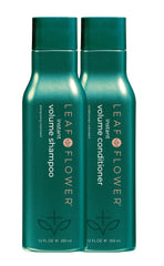 Leaf & Flower duo front packaging showing shampoo and conditioner, clear volume benefit