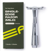 Leaf Shave Twig chrome front view showing sleek all-metal head and mild shave benefit