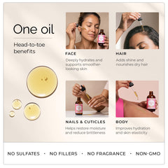 Leven Rose oil texture close-up on skin, highlights lightweight absorption