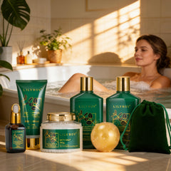 LILY ROY golden bath bomb fizzing to create relaxing, aromatic soaks