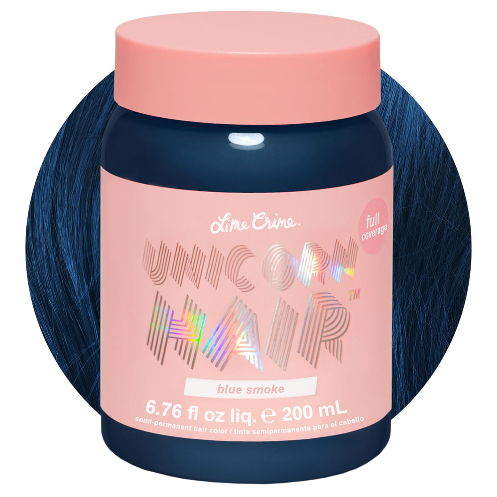 Lime Crime front packaging showing Blue Smoke vibrant steel‑blue color and scent benefit
