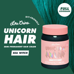 Lime Crime Sea Witch swatch on light blonde hair showing vivid teal payoff and vibrancy