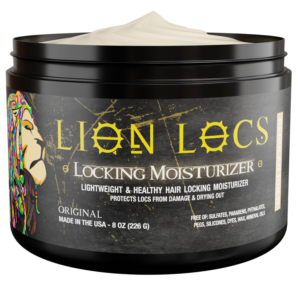 Lion Locs front packaging showing jar and brand, highlights no buildup benefit