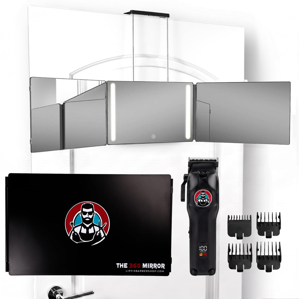 LIPFISBARBERSHOP front view of 360 LED mirror showing full panels and benefit of full-angle visibility