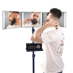 LIPFISBARBERSHOP front view of tripod 360 mirror showing full three-way reflection for accurate cuts