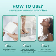 LIUCED shower steamer placed on shower ledge releasing steam, demonstrating in-shower use