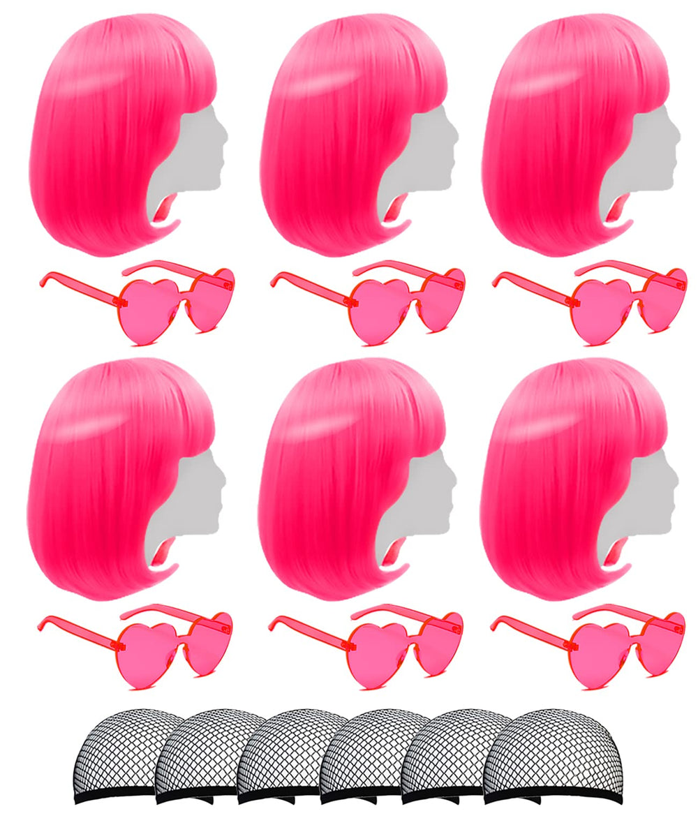 LIULIUBTY front view showing six hot-pink bob wigs and heart sunglasses, perfect for parties