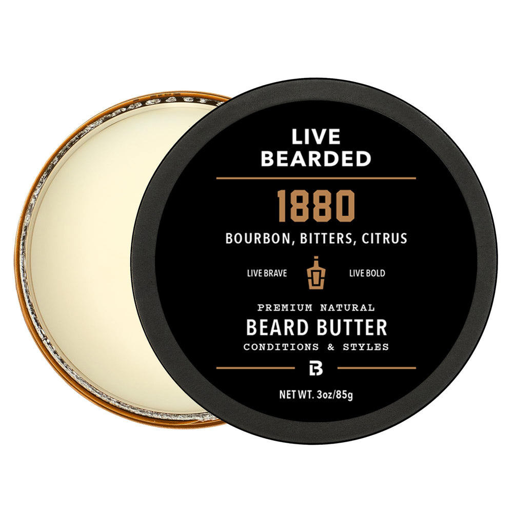 Live Bearded front jar showing 1880 bourbon bitters citrus scent and 3 fl oz size, highlights portability