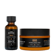 Live Bearded front packaging shows kit and vintage bourbon scent benefits