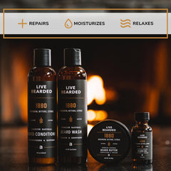 Live Bearded beard oil dropper above bottle highlighting hydration and soften benefit