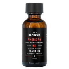 Live Bearded front bottle view showing cedar vetiver scent and clear benefit