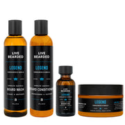 Live Bearded front packaging showing the full grooming kit and brand, clear product identification and gift appeal