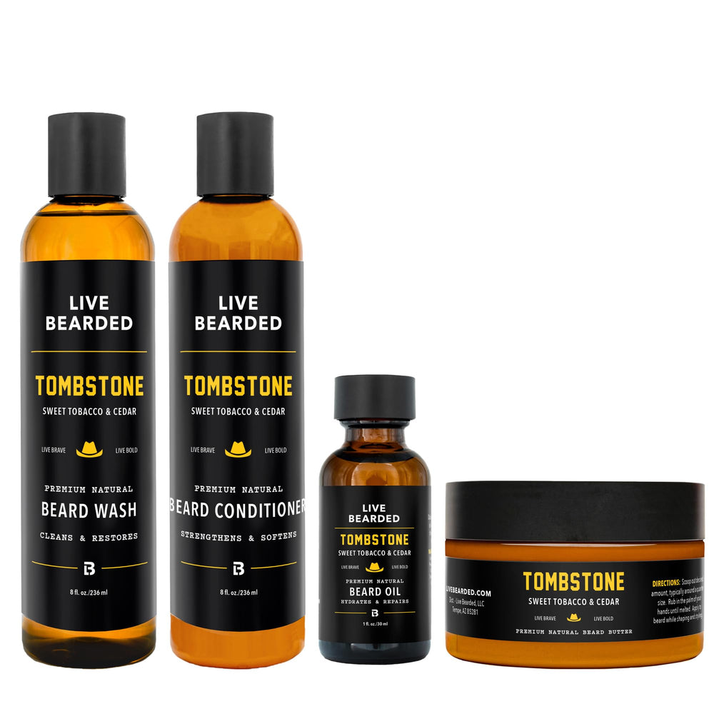 Live Bearded kit front packaging showing complete four-step set and Tombstone scent benefit