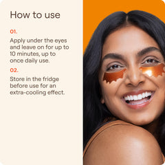 Live Tinted eye patch applied on model offering instant depuffing look