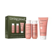 Living Proof travel kit front packaging showing compact curl care benefits