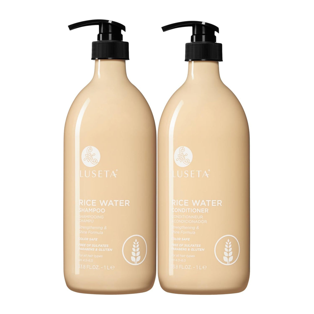 L LUSETA front view of rice water shampoo and conditioner set showing value size and benefit