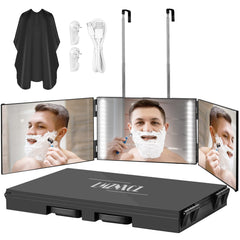 LMZNXCZ front view tri-fold mirror showing full reflection and LED benefit