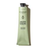 L'OCCITANE front tube of almond hand cream showing brand and packaging benefit