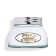 L'OCCITANE front view of almond milk concentrate tub showing packaging and size benefit