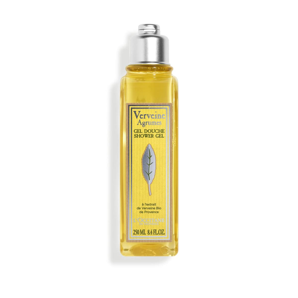 L'OCCITANE bottle front view showing citrus-verbena scent and clear packaging benefit