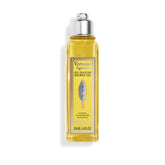 L'OCCITANE bottle front view showing citrus-verbena scent and clear packaging benefit