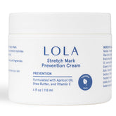 LOLA front packaging of stretch mark cream showing bottle and label, clear moisturizing benefit