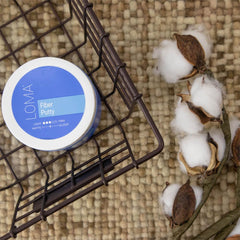 Loma fiber putty size comparison and label highlighting authenticity code benefit