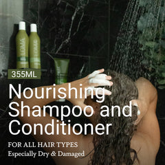 LOMA creamy shampoo texture on hand demonstrating gentle lather benefit