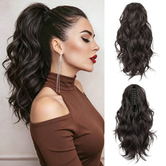Lommel front view of dark brown ponytail extension showing full length and wave for instant volume