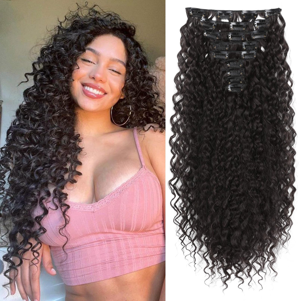 LONAI front packaging showing 9PCS curly clip-in set with natural look and quick styling benefit