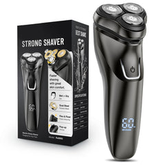 LONKEEN front view of rotary shaver showing ergonomic grip and head for comfortable handling