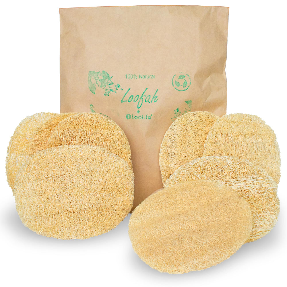 LooLife front view of eight loofah pads showing size and packaging benefit