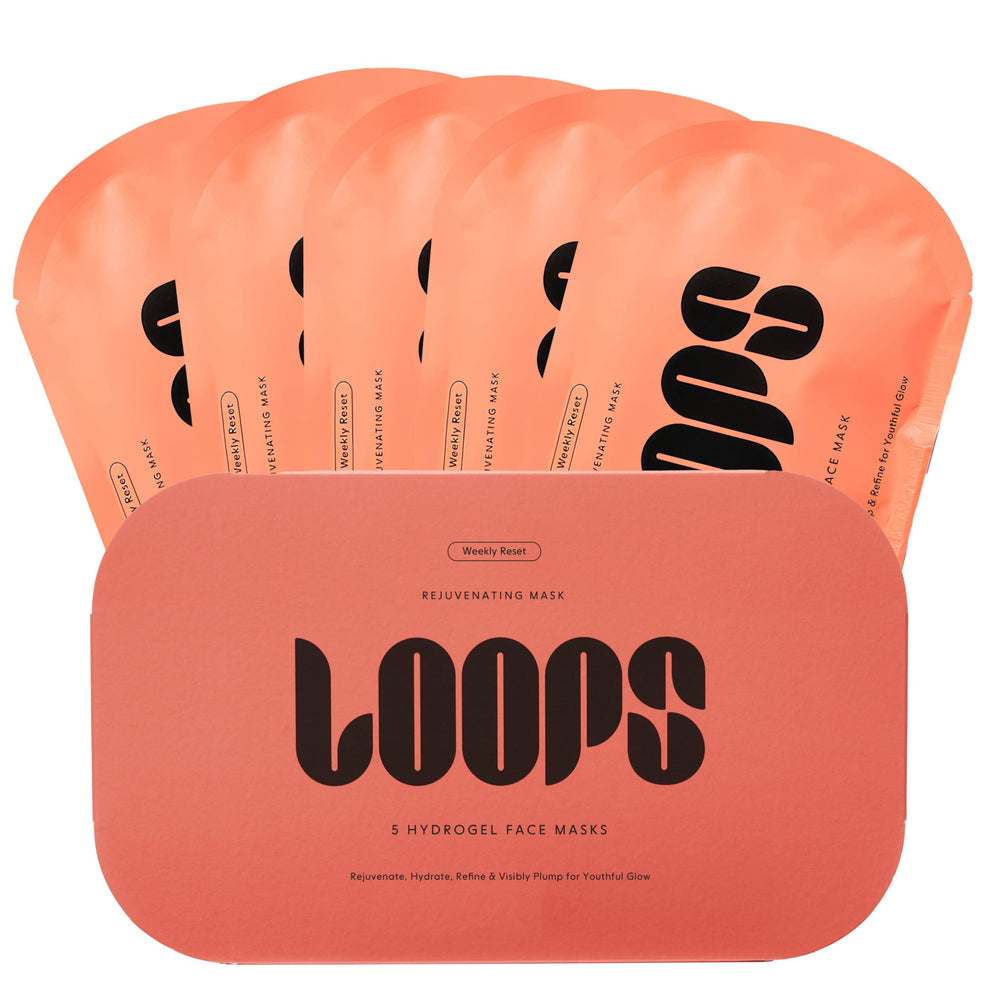 LOOPS front packaging showing 5 hydrogel masks and benefits