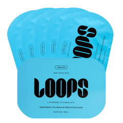 LOOPS front packaging showing five hydrogel eye masks and key benefits