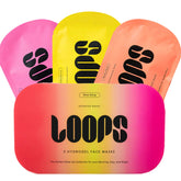 LOOPS front packaging showing three masks and clear benefits