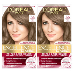 L'Oreal Paris box front showing 6A Light Ash Brown and two-count kit benefit