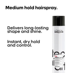 Stylist using L'Oréal Professionnel Infinium 3 to set a finished hairstyle