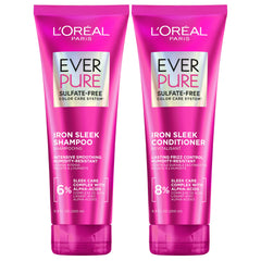L'Oreal Paris front packaging showing the EverPure Iron Sleek duo and benefits