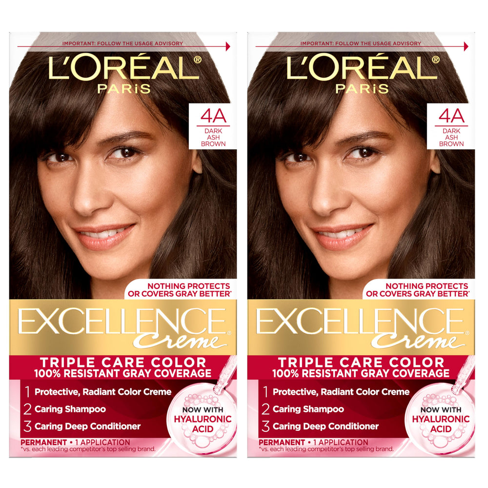 L'Oreal Paris front packaging showing Excellence Crème 4A dark ash brown benefits