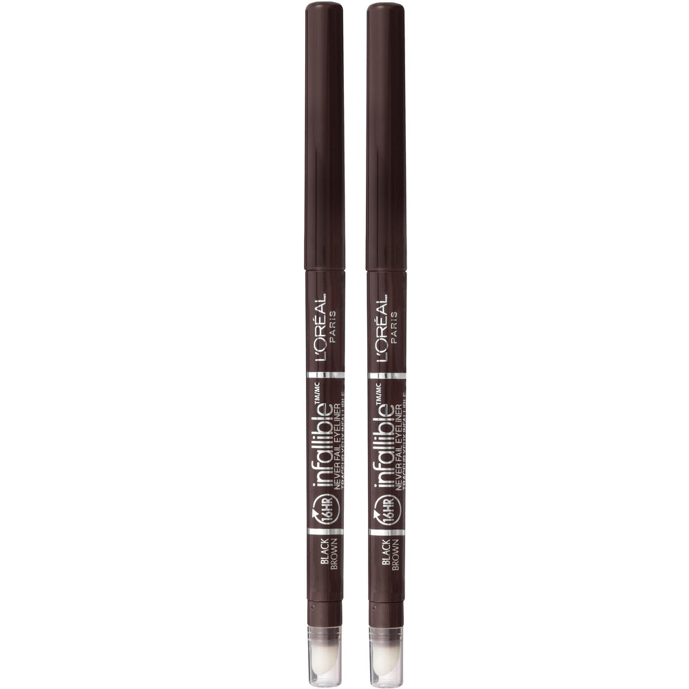 L'Oreal Paris front packaging showing two mechanical eyeliner pencils benefits quick use