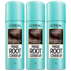 L'Oreal Paris spray can front view showing medium brown shade and compact travel-friendly size