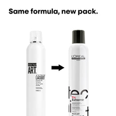 L'Oréal Professionnel aerosol spray pattern demonstrating even mist and fast-drying benefit