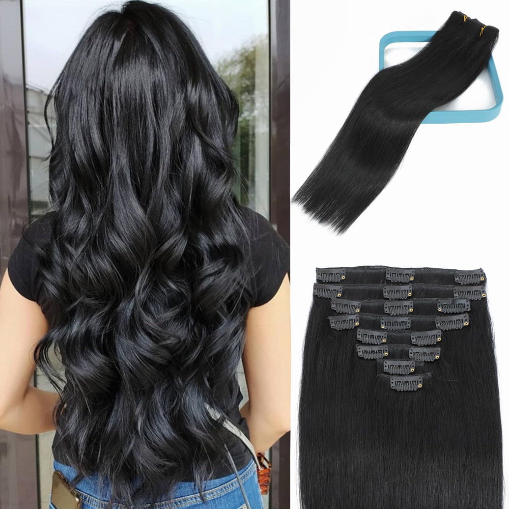 LORIEN front packaging showing jet black clip-in set for instant volume