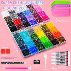 LOTWOW two 24-grid organizers open displaying sorted rhinestones for easy access